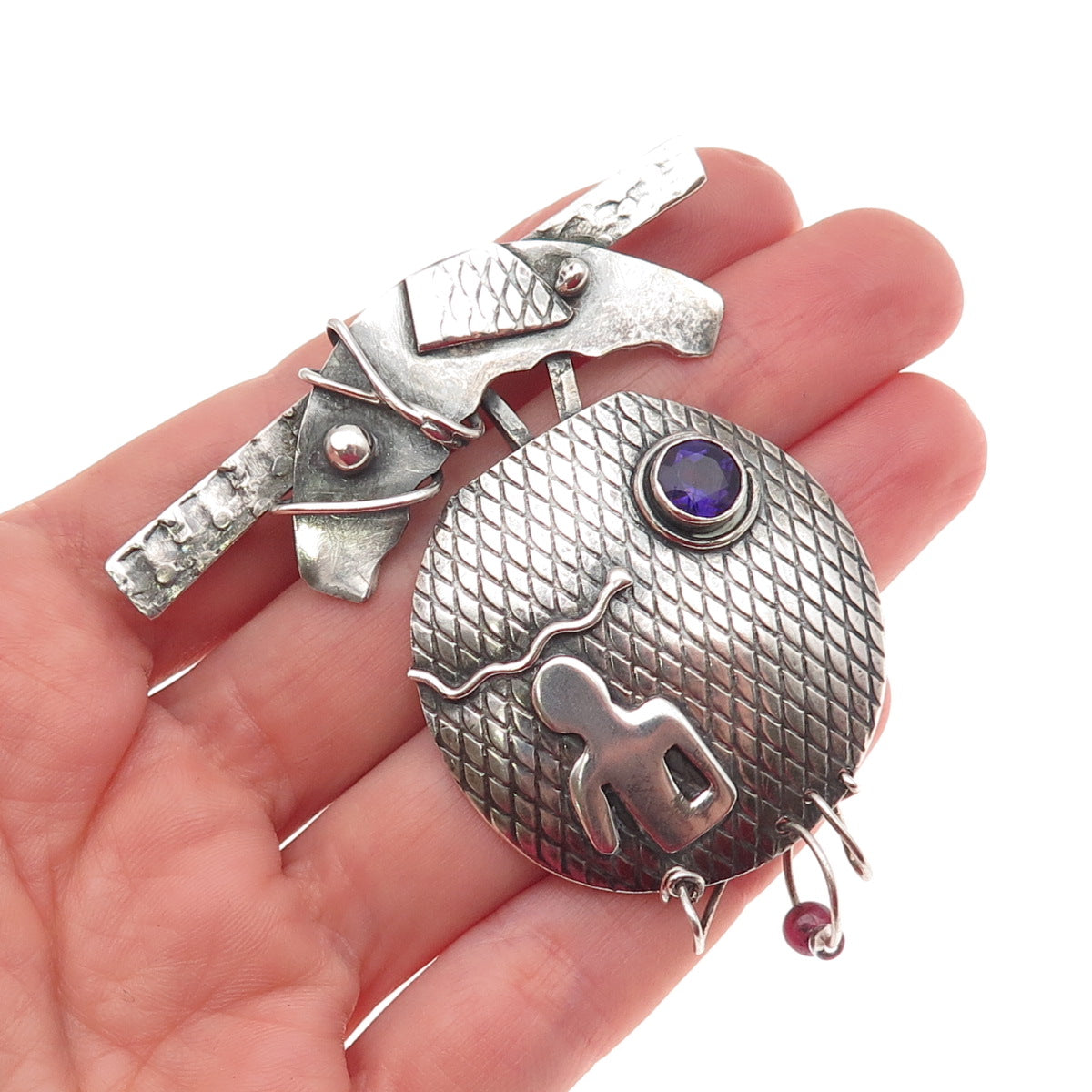 925 Sterling Silver Vintage Real Amethyst & Red Garnet Modernist Pin Brooch