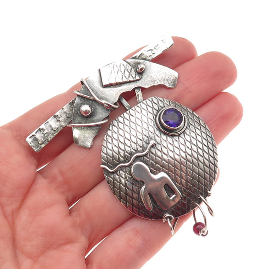 925 Sterling Silver Vintage Real Amethyst & Red Garnet Modernist Pin Brooch