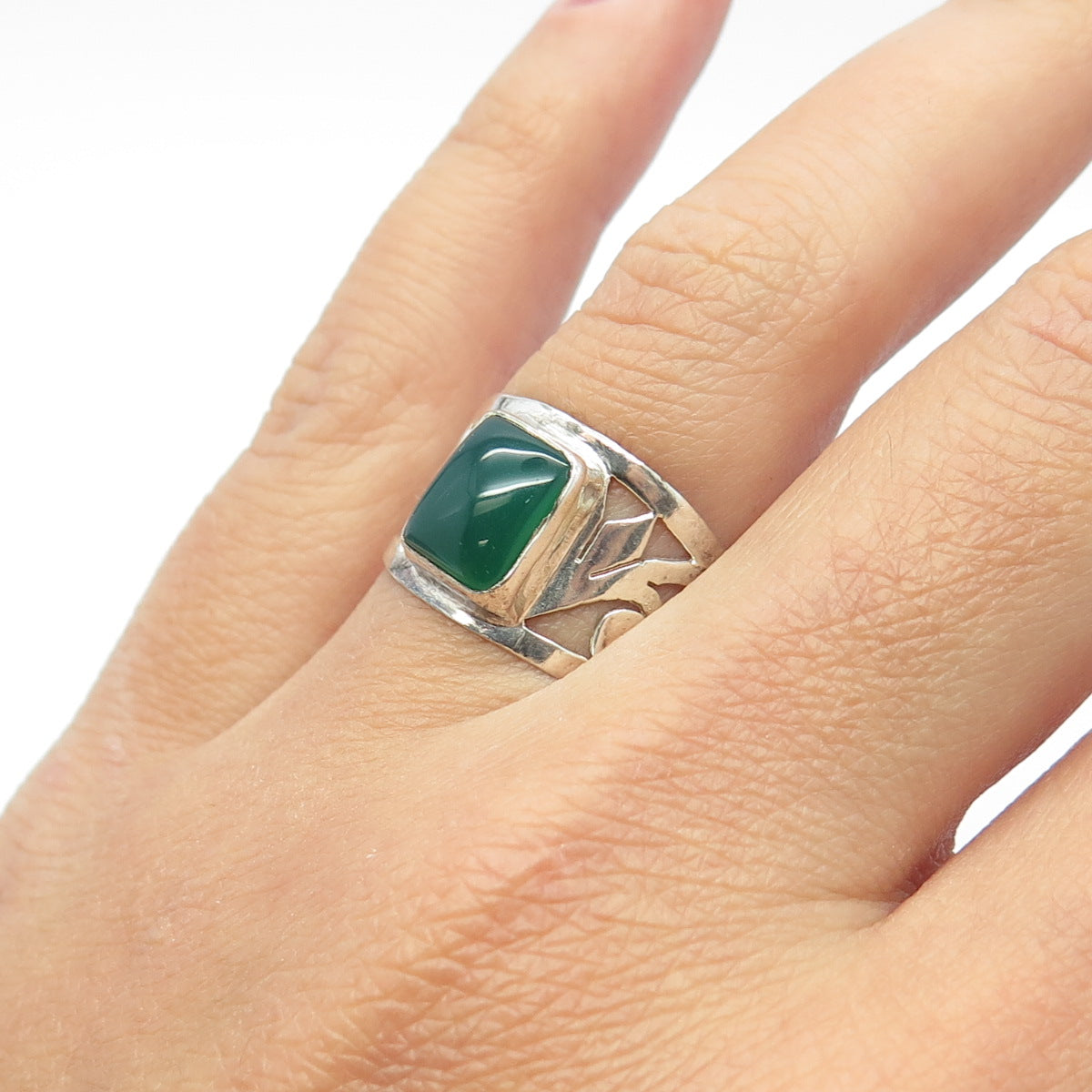 925 Sterling Silver Real Green Onyx Gemstone Ring Size 7.25