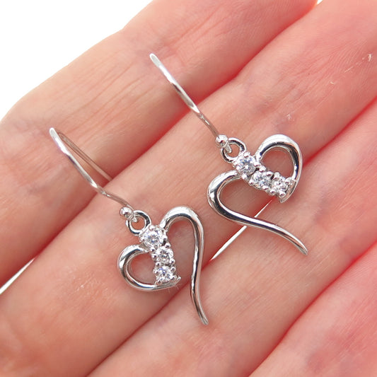 925 Sterling Silver Round-Cut C Z Heart Dangle Earrings