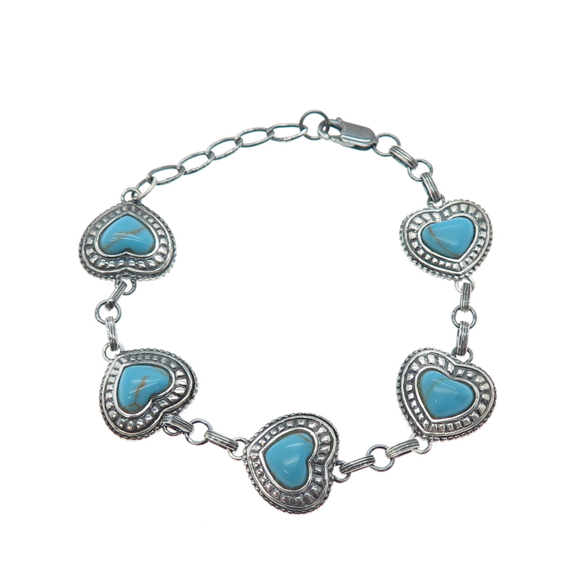 LENOX 925 Sterling Silver Vintage Real Turquoise Heart Link Oxidized Bracelet 8"