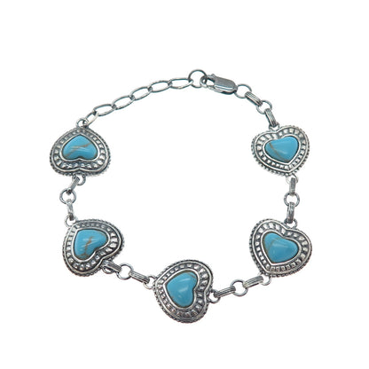 LENOX 925 Sterling Silver Vintage Real Turquoise Heart Link Oxidized Bracelet 8"