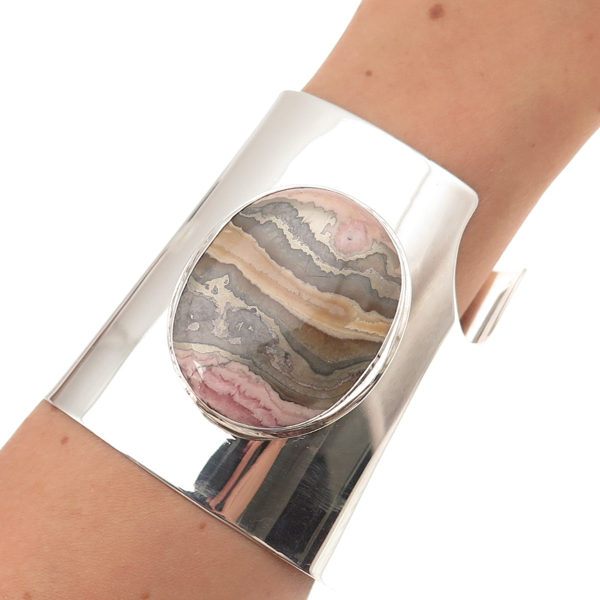 925 Sterling Silver Vintage Rhodochrosite Modernist Heavy 110.4g Bracelet 7.25"