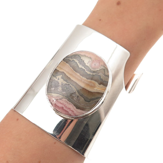 925 Sterling Silver Vintage Rhodochrosite Modernist Heavy 110.4g Bracelet 7.25"