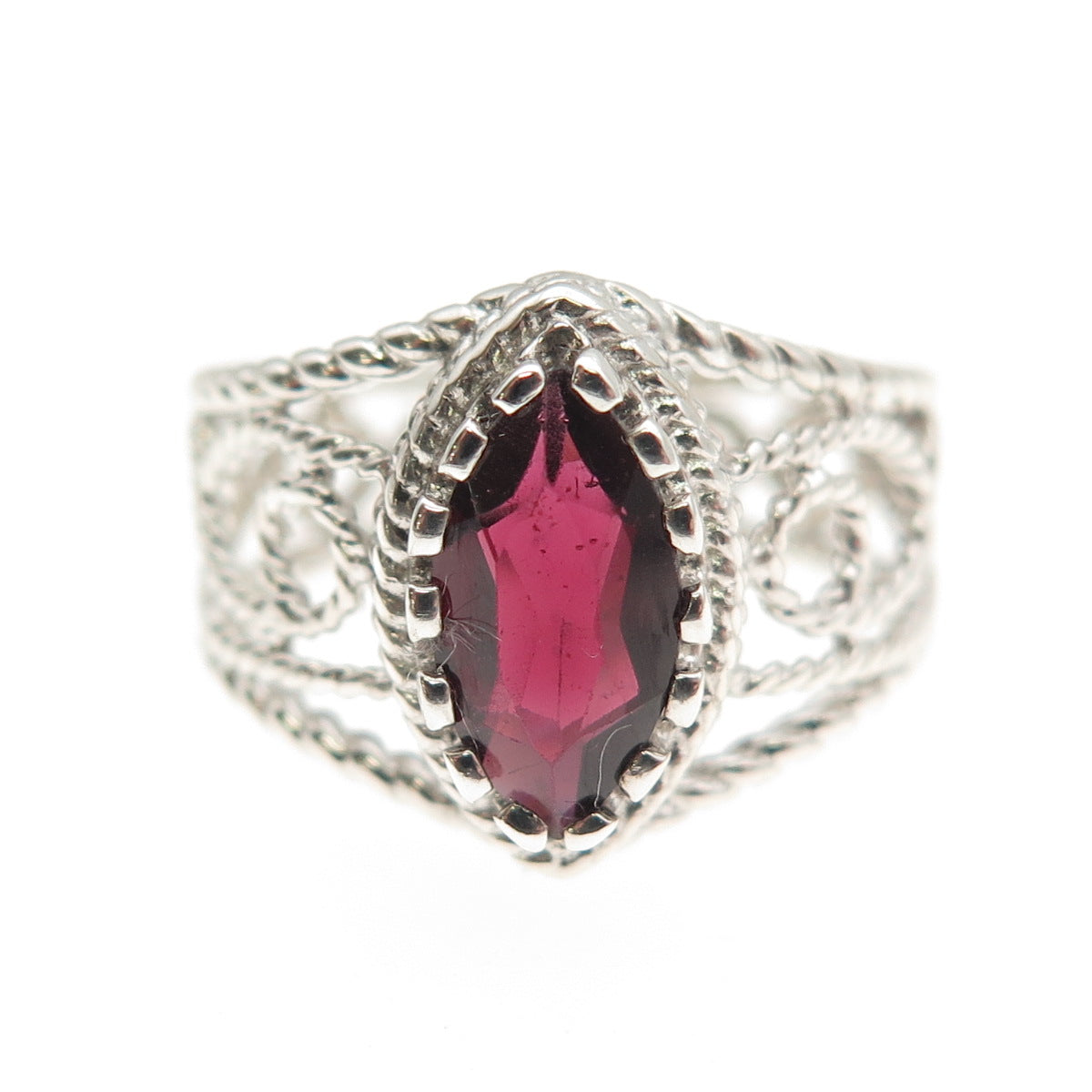 Nevada Sterling Silver Vintage Real Marquise-Cut Red Garnet Scroll Ring Size 5