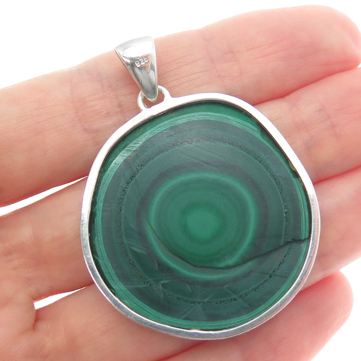 925 Sterling Silver Vintage Real Malachite Modernist Charm Pendant