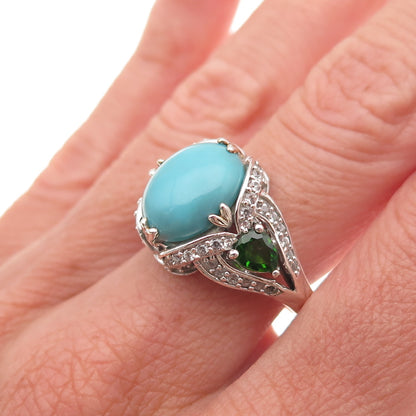 925 Sterling Silver Real Turquoise Peridot & White Topaz Ring Size 8.25