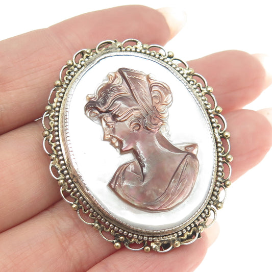 800 Silver Vintage Real Mother-of-Pearl Cameo Victorian Lady Pin Brooch