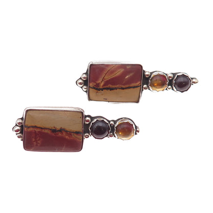 925 Sterling Silver Vintage Real Jasper Red Garnet & Citrine Modernist Earrings