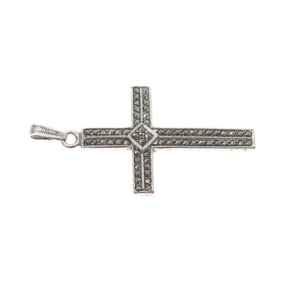 925 Sterling Silver Antique Art Deco Real Marcasite Cross Charm Pendant