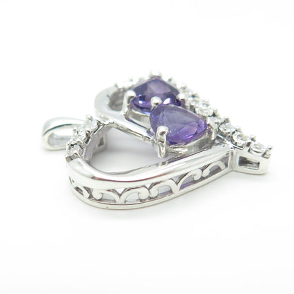 925 Sterling Silver Real Round-Cut White Diamond & Amethyst Heart Pendant