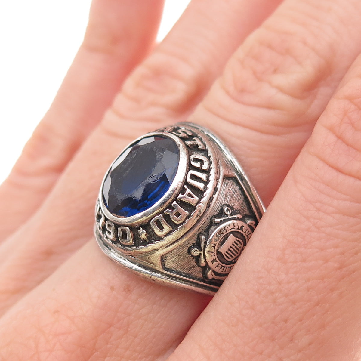 Crest Craft Sterling Vintage Lab-Created Sapphire US Coast Guard Ring Size 7.5