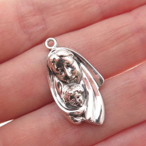 925 Sterling Silver Vintage St. Mary & Jesus Oxidized Charm Pendant