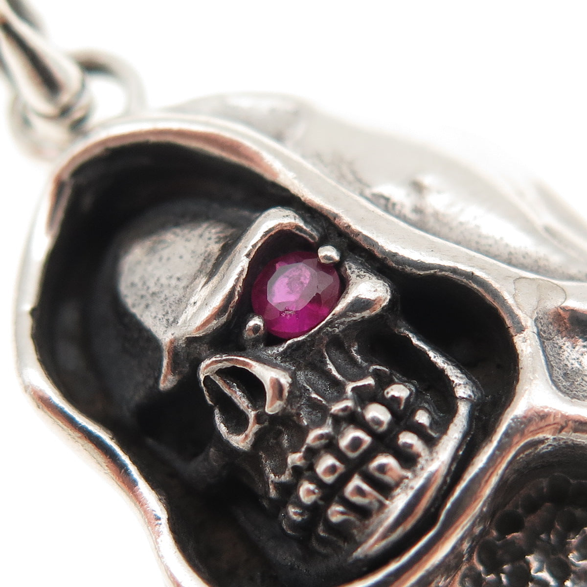925 Sterling Silver Vintage Real Ruby Santa Muerte Oxidized Charm Pendant