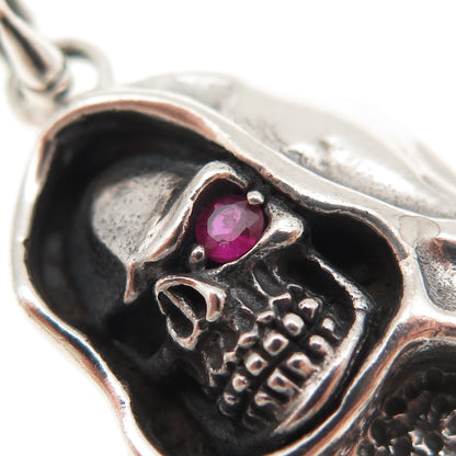 925 Sterling Silver Vintage Real Ruby Santa Muerte Oxidized Charm Pendant