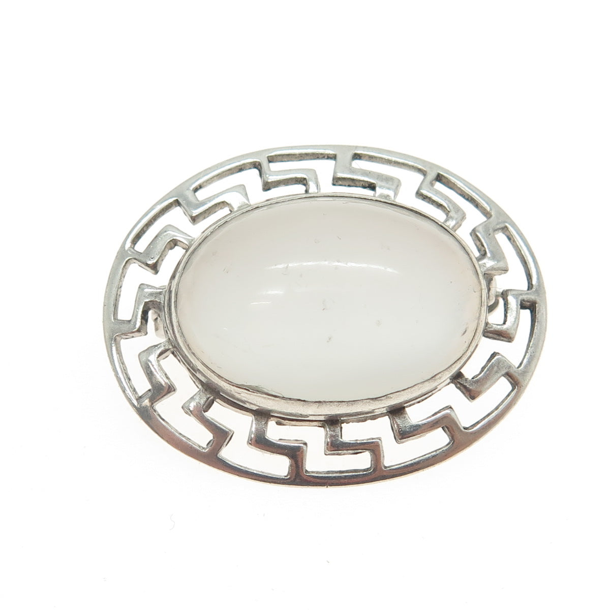 925 Sterling Silver Vintage Real Milky Opal Gemstone Greek Maze Pin Brooch