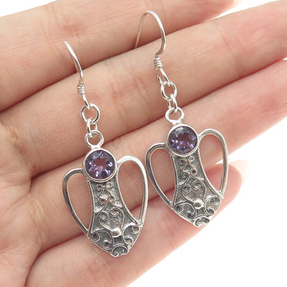 925 Sterling Silver Vintage Real Amethyst Modernist Heart Dangle Earrings