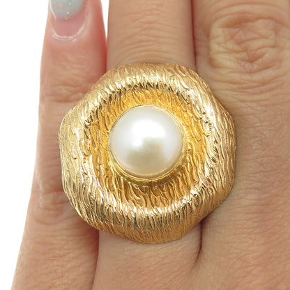 925 Sterling Silver Gold Plated Vintage Real Pearl Modernist Ring Size 6.25