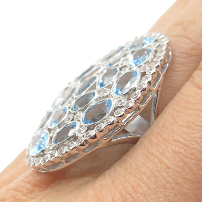 925 Sterling Silver Real Oval-Cut Blue Round-Cut White Topaz Cluster Ring Size 7