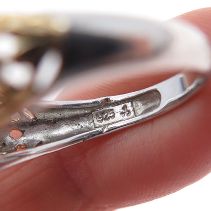 925 Sterling Silver 2-Tone Real Smoky Quartz & White Topaz Ring Size 9.25