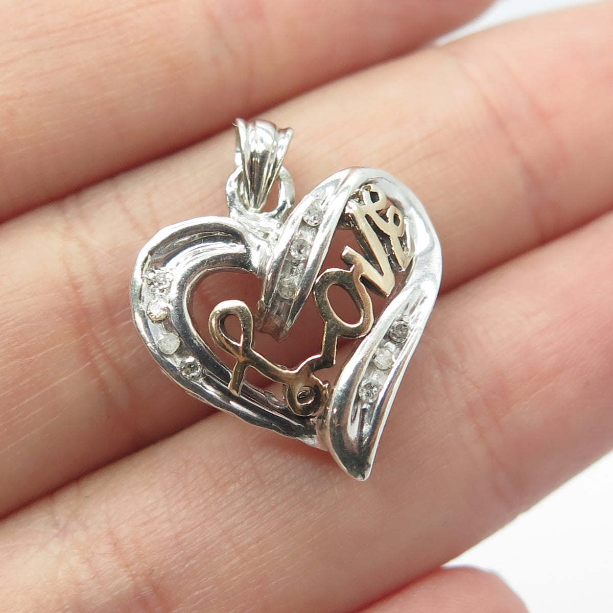 925 Sterling Silver 2-Tone Real Round-Cut White Diamond "LOVE" Heart Pendant