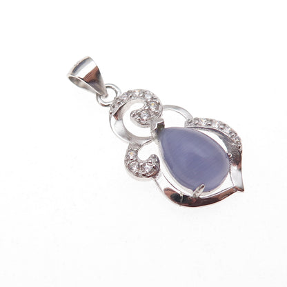 925 Sterling Silver Real Cat's Eye & C Z Charm Pendant