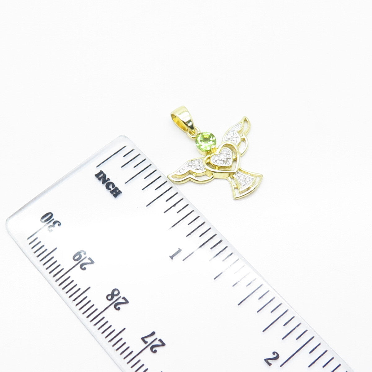 925 Sterling Silver Gold Plated Real White Diamond & Peridot Gem Angel Pendant