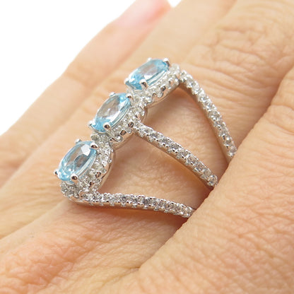 925 Sterling Silver Real Blue & White Topaz 3-Row Spine Ring Size 7.25