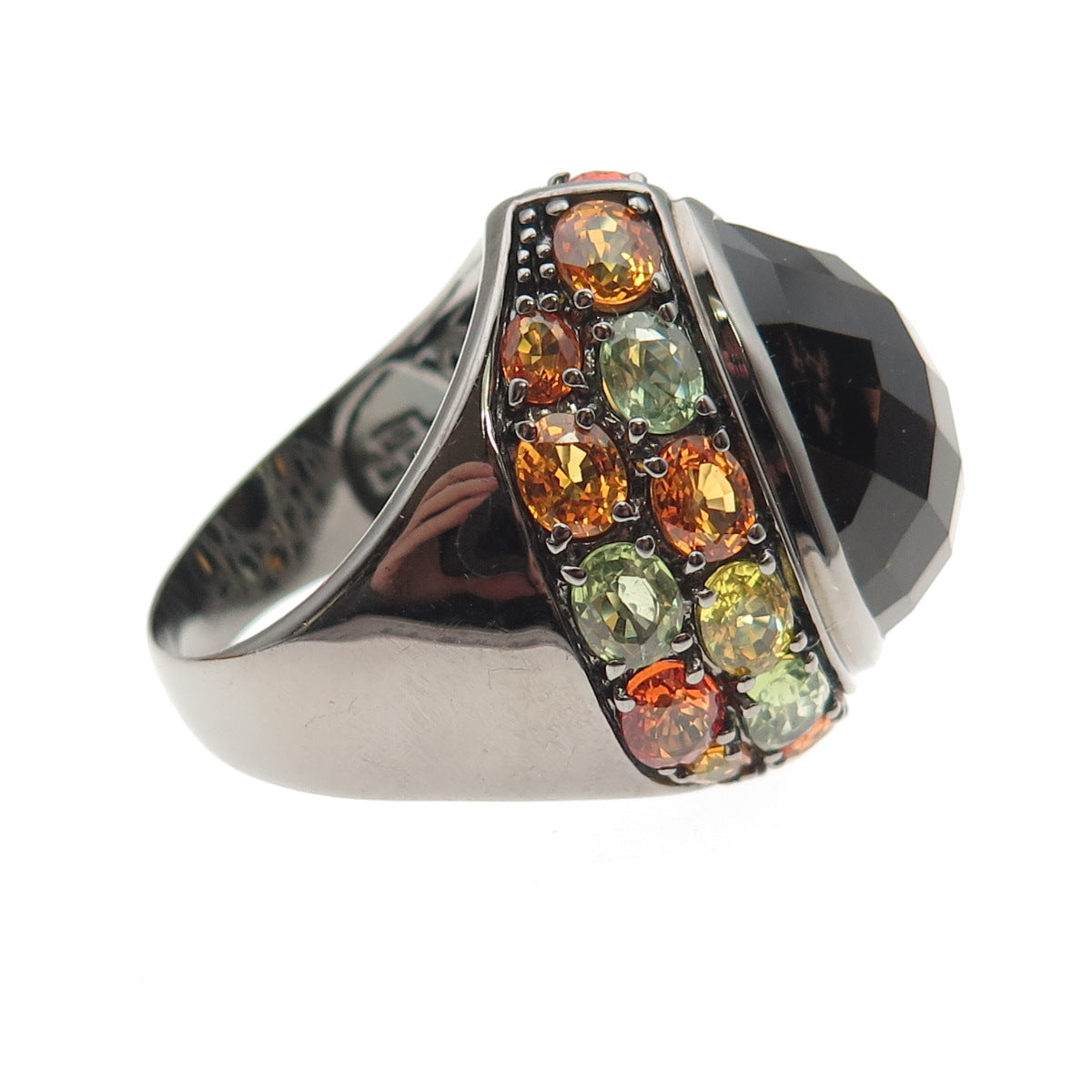 Sheridan Kennedy Sterling Black Rhodium Smoky Quartz & Sapphire Ring Size 10.25