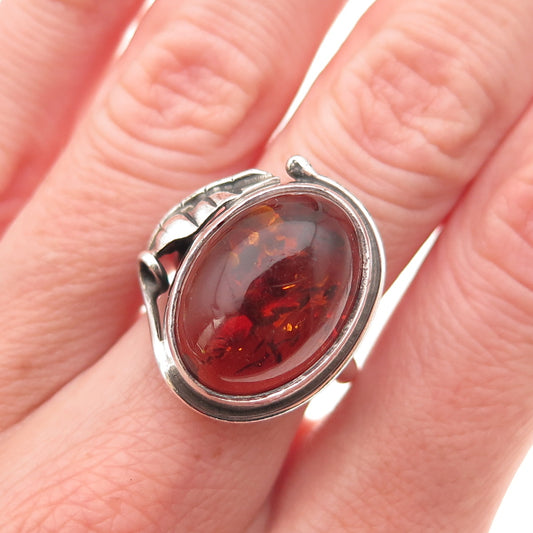 925 Sterling Silver Vintage Real Amber Modernist Floral Oxidized Ring Size 6.25
