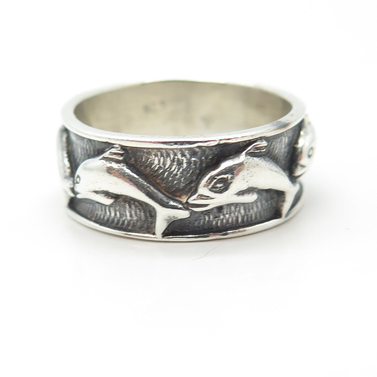 925 Sterling Silver Vintage Friendly Dolphin Band Ring Size 10