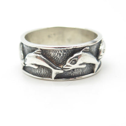 925 Sterling Silver Vintage Friendly Dolphin Band Ring Size 10