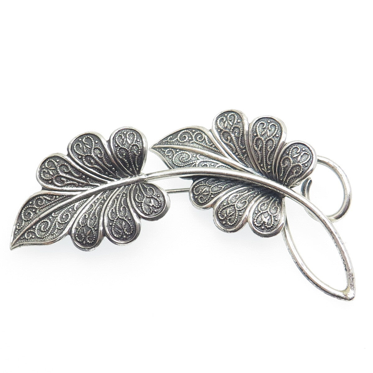 BEAU 925 Sterling Silver Vintage Floral Leaves Oxidized Pin Brooch