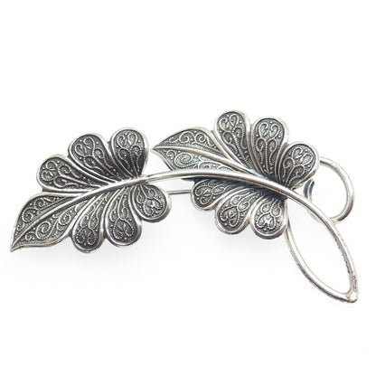 BEAU 925 Sterling Silver Vintage Floral Leaves Oxidized Pin Brooch