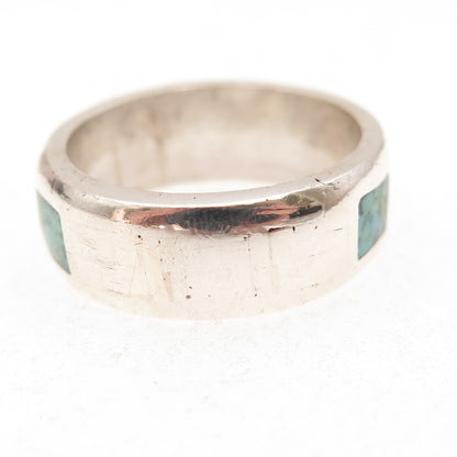 Old Pawn 925 Sterling Silver Vintage Turquoise Inlay Tribal Band Ring Size 9.5