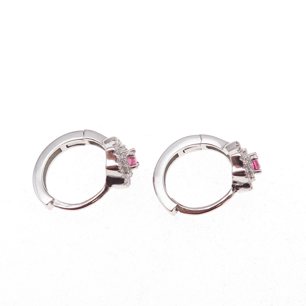 925 Sterling Silver Pink & White C Z Floral Hoop Earrings