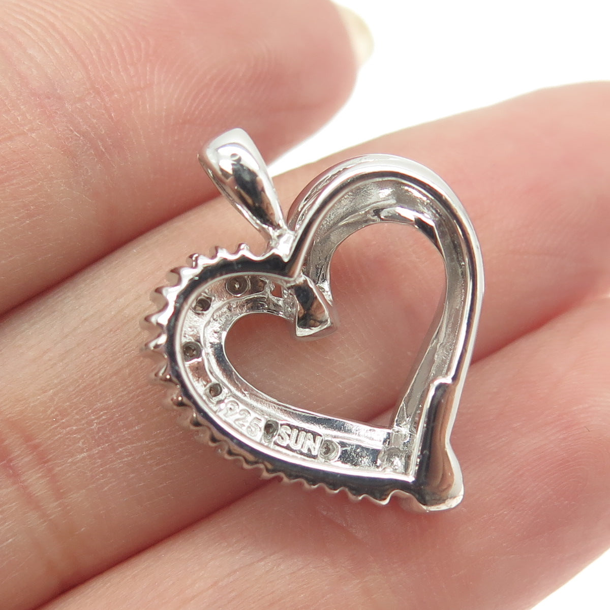 SUN 925 Sterling Silver Real Multi-Cut White Diamond Heart Pendant