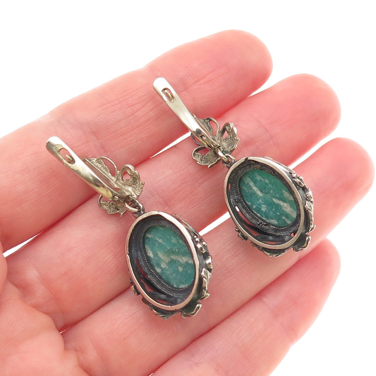 Silver-Tone Vintage Real Cabochon Amazonite Floral Oxidized Dangle Earrings