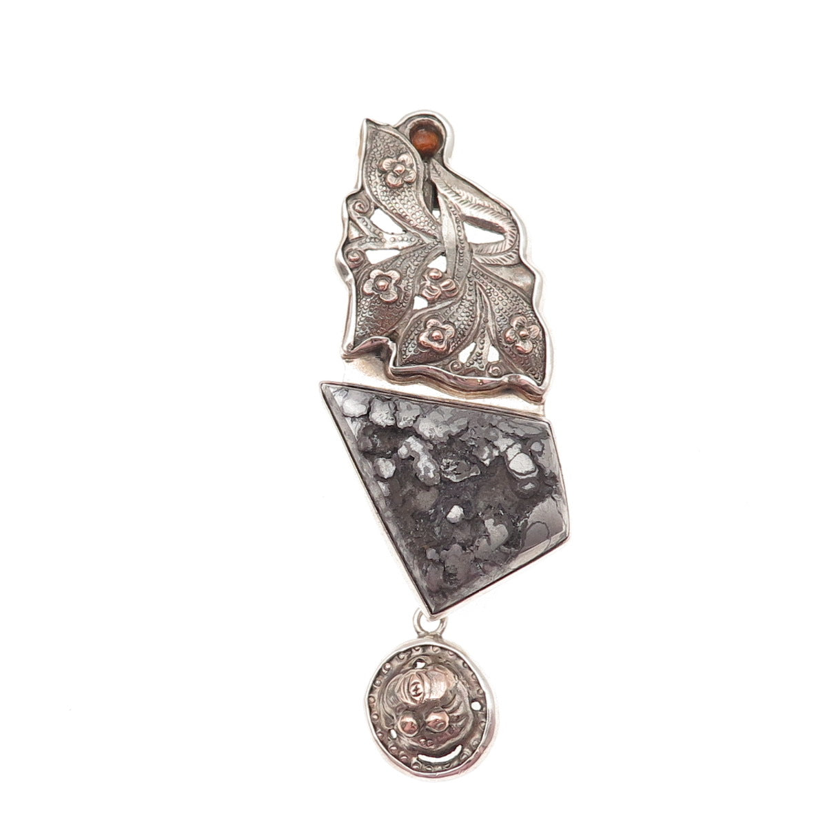 AKR Amy Kahn Russell 925 Sterling Vintage Amber & Hematite Modernist Pin Pendant