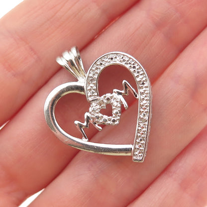 925 Sterling Silver Real Round-Cut Diamond Mom Heart Charm Pendant