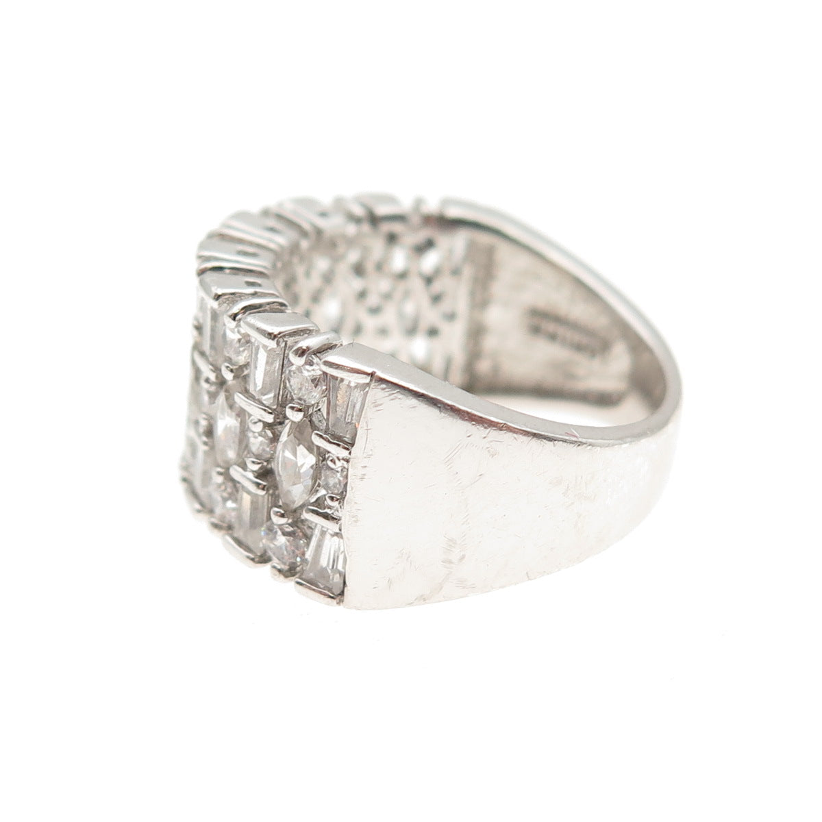 925 Sterling Silver Marquise Round & Tapered Baguette-Cut C Z Ring Size 5.25