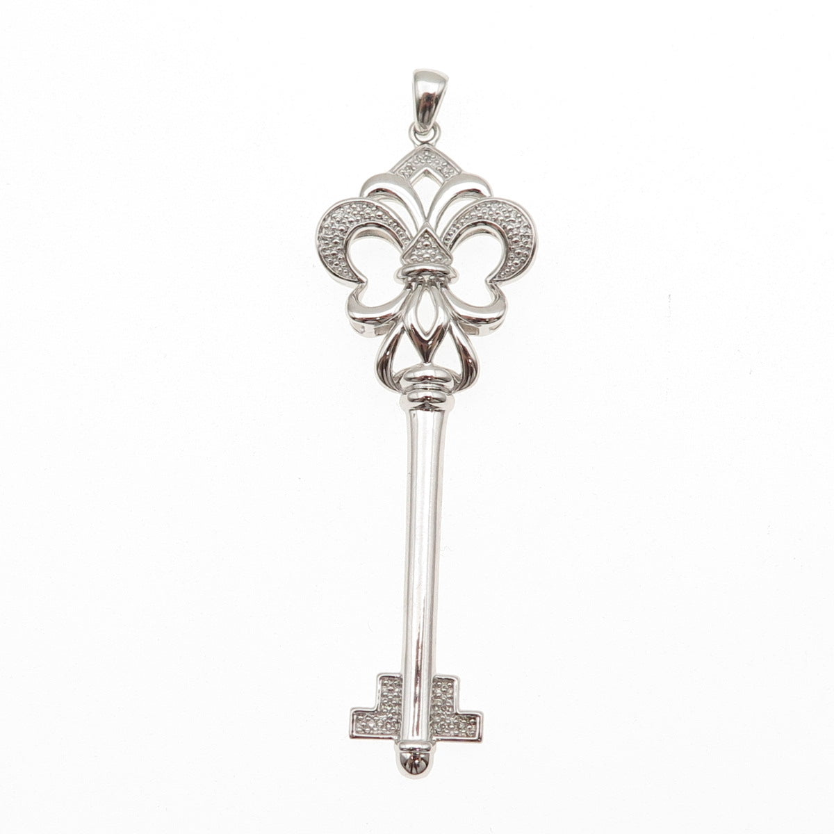 925 Sterling Silver Real Round-Cut Diamond Fleur de Lis Key Pendant