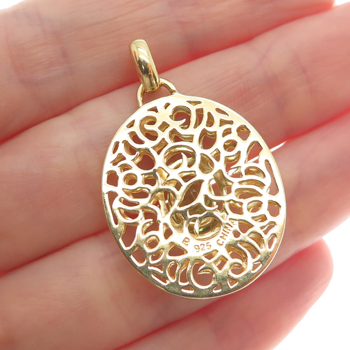 ROSS SIMONS 925 Sterling Silver Gold Plated Real Peridot Swirl Ornate Pendant