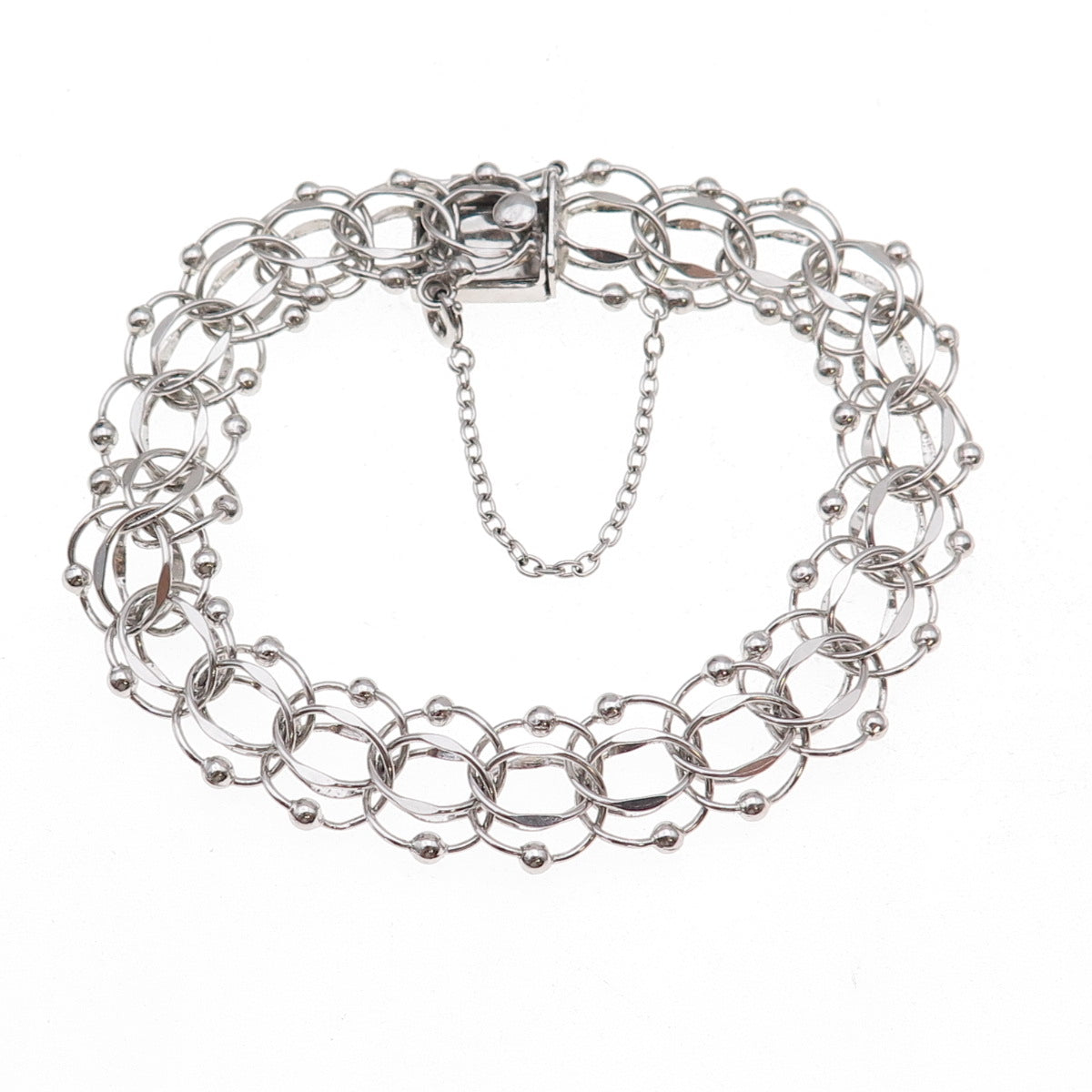 American 925 Sterling Silver Antique Art Deco Beaded Bismark Link Bracelet 7.25"
