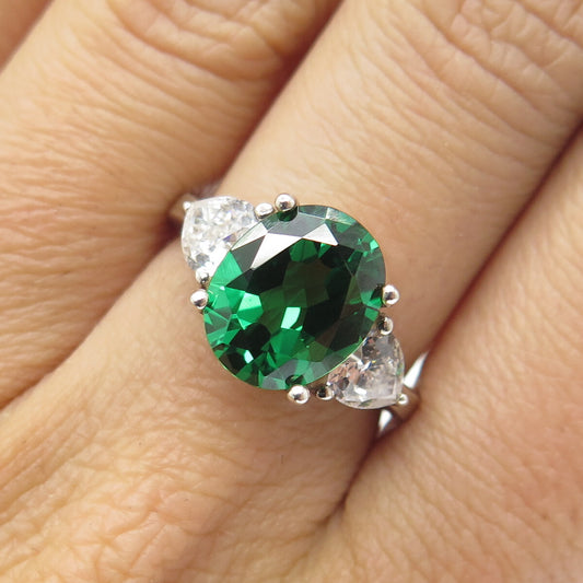 925 Sterling Silver Oval-Cut Green & Heart-Cut White C Z Ring Size 7.25