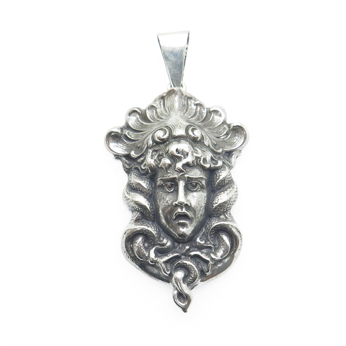 925 Sterling Silver Antique Art Deco Medusa Repousse Oxidized Pendant