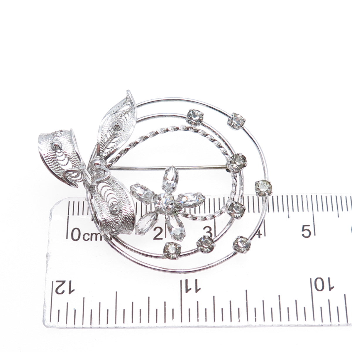 AM LEE Sterling Silver Antique Art Deco Rhinestone Floral Filigree Pin Brooch