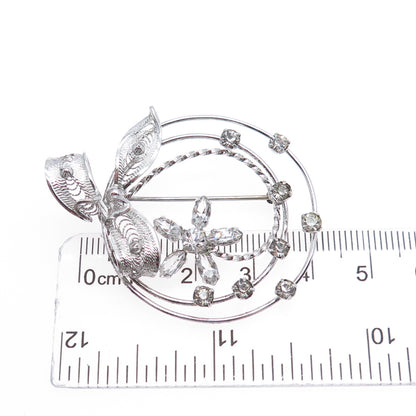 AM LEE Sterling Silver Antique Art Deco Rhinestone Floral Filigree Pin Brooch