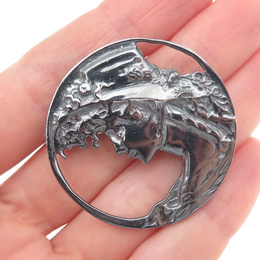 925 Sterling Silver Vintage Floral Lady Oxidized Pin Brooch