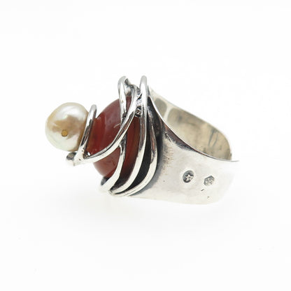 925 Sterling Vintage Spain Real Pearl & Agate Modernist Adjustable Ring Size 7.5
